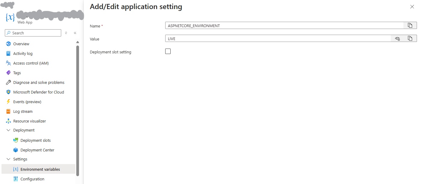 Screenshot of setting the ASP Net Core Environment variable in the Azure Portal