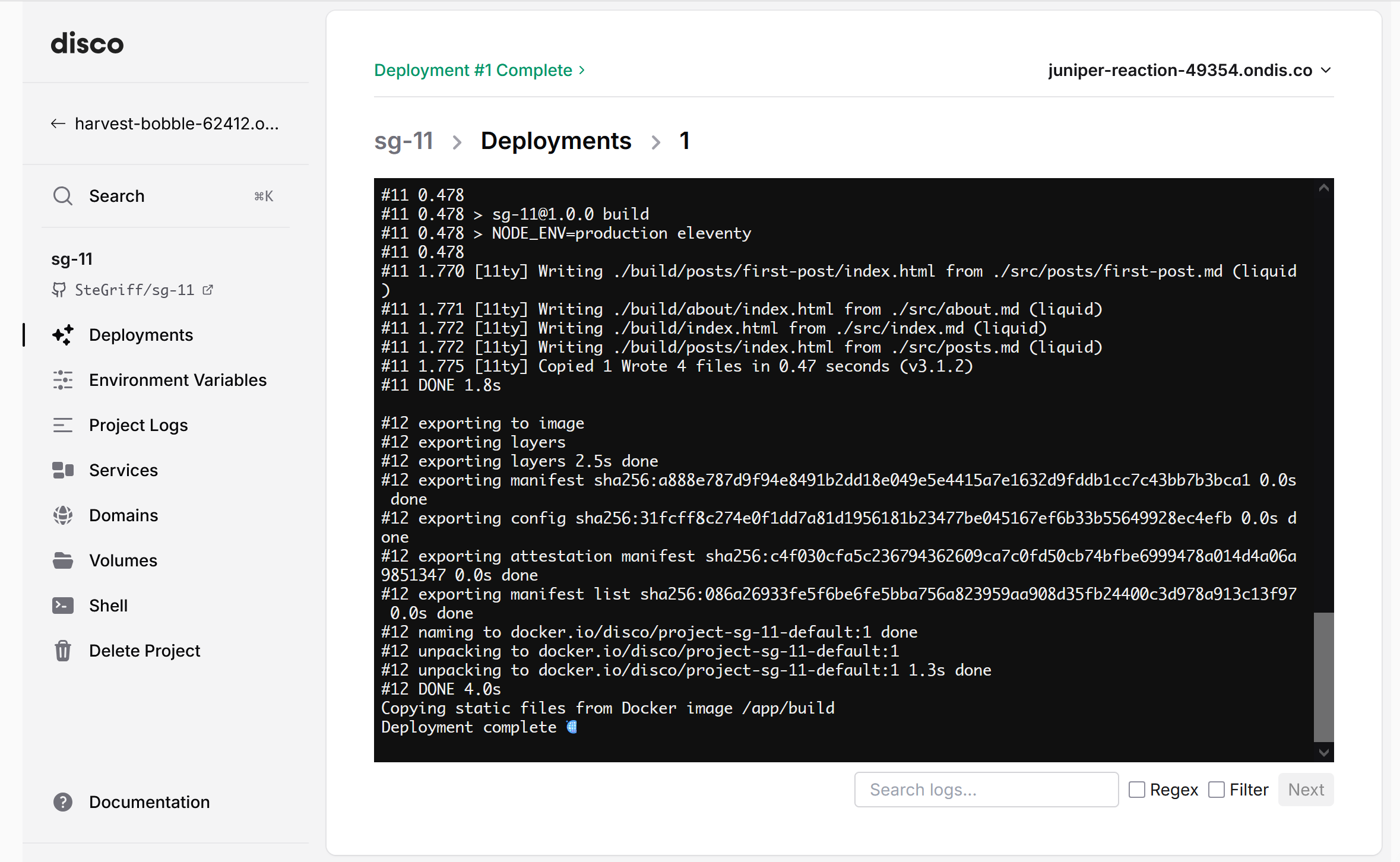 The disco deployment logs for sg-11
