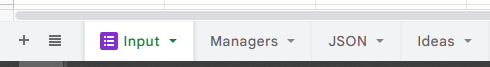 Screenshot of the bottom bar of Google Sheets showing four sheets, where the first has a purple icon and is called Input