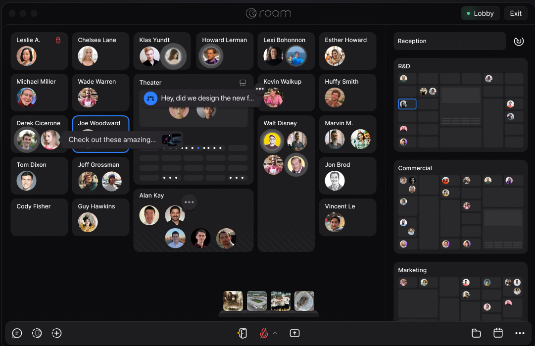 A screenshot of roam showing rectangular groupings of offices and chats containing photo avatars; chat bubbles are emanating from the visible rooms