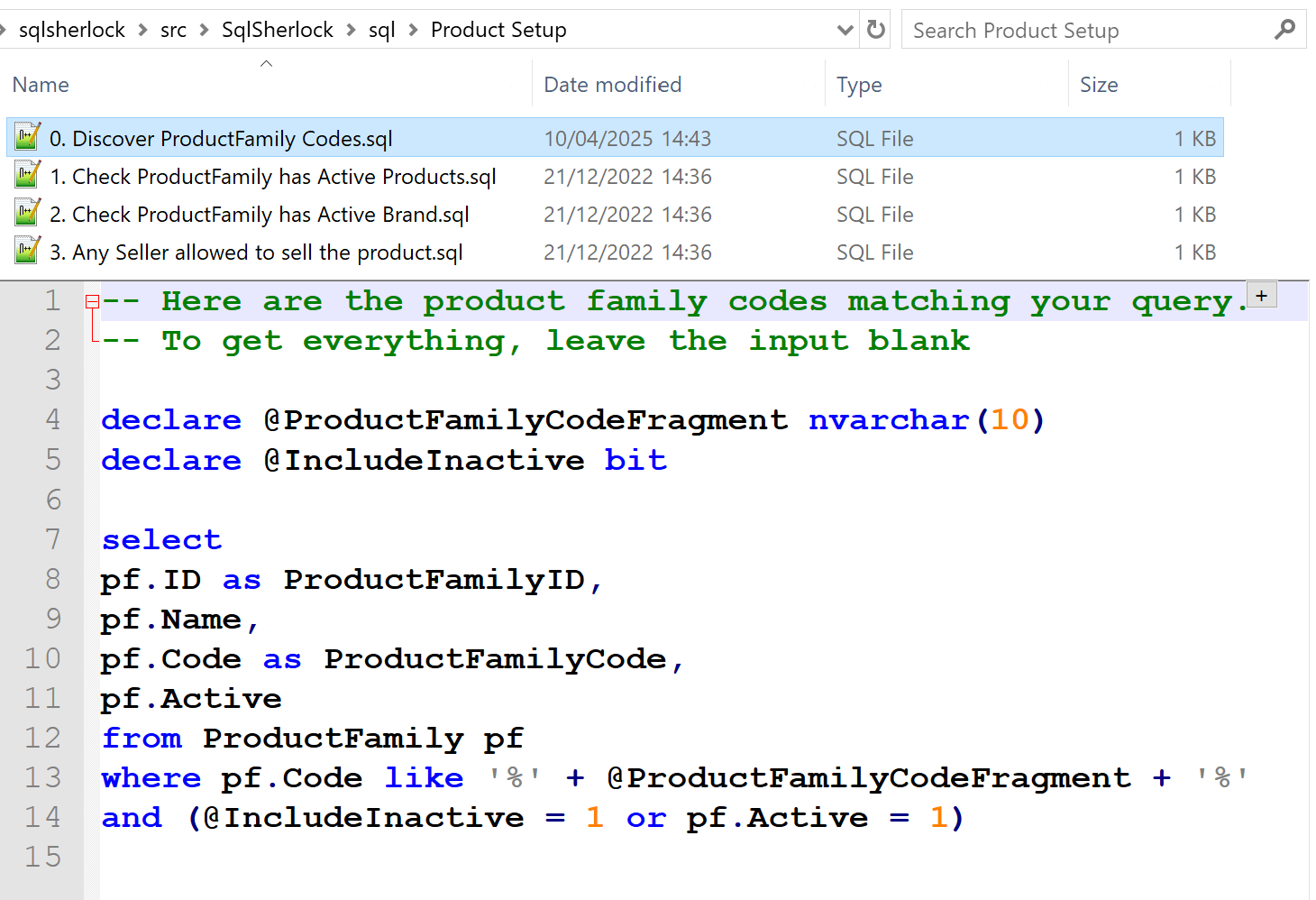 Directory of SQL files named after steps of the flow, and a preview of one of the SQL files contents